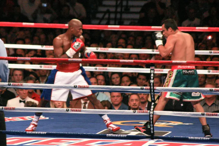 Floyd Mayweather Jr. in the ring against Juan Manuel Márquez at the MGM Grand