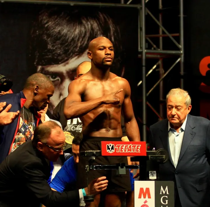 Floyd Mayweather Jr. on the scale at an official weigh-in